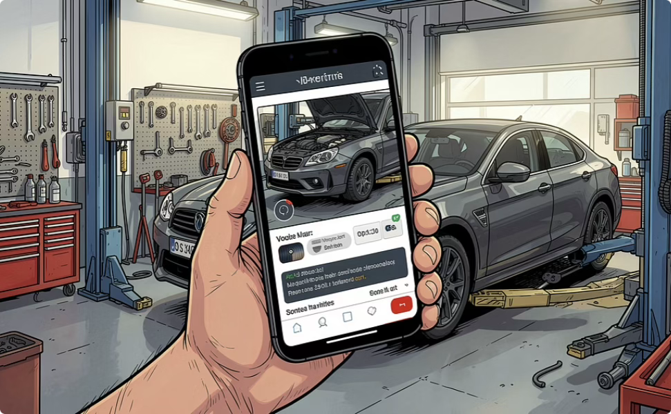 Supervisor using the app in a workshop with vehicle on lift