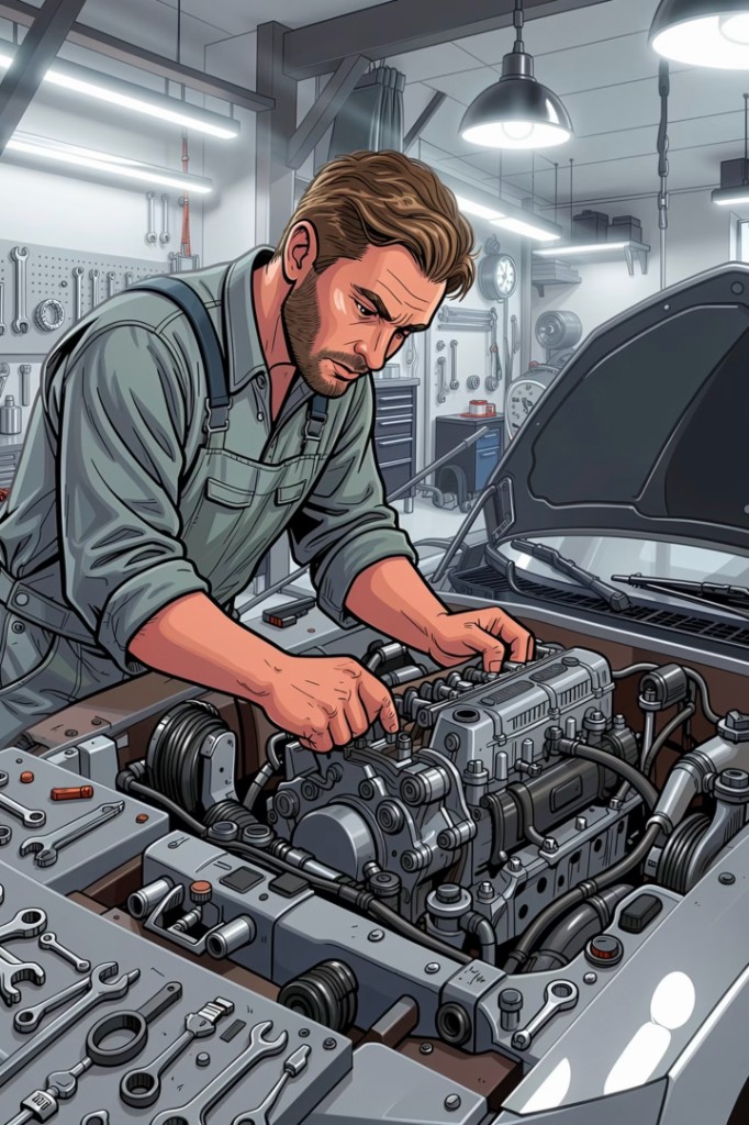 Mechanic inspecting a vehicle engine in a professional workshop