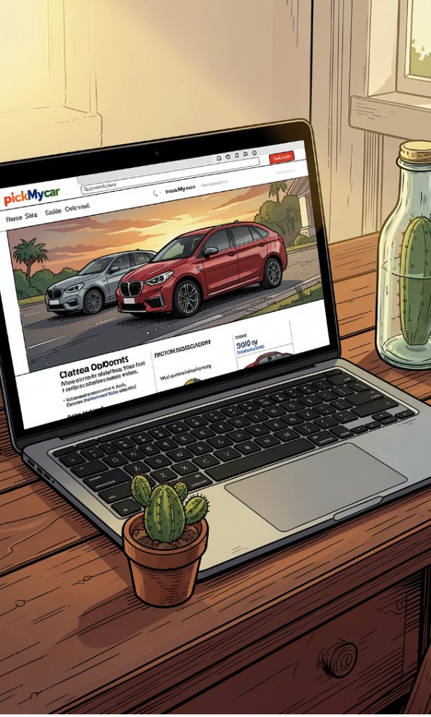 Pick My Car platform on laptop in a modern workspace