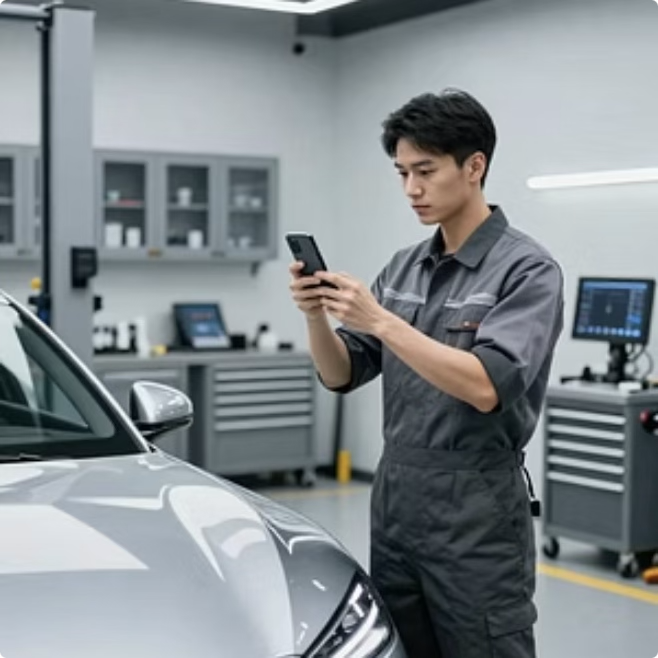 Technician photographing vehicle for service documentation