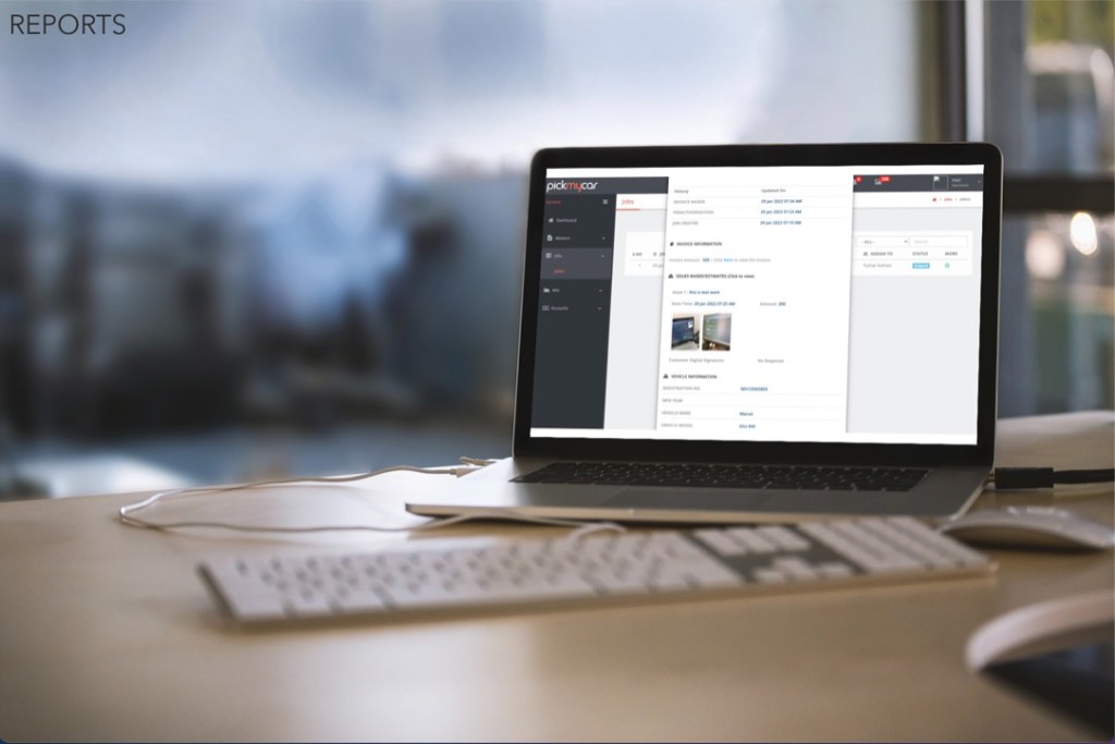 Pick My Car web interface on laptop showing job reports, pre-authorisation history, issue photos, and invoice amount